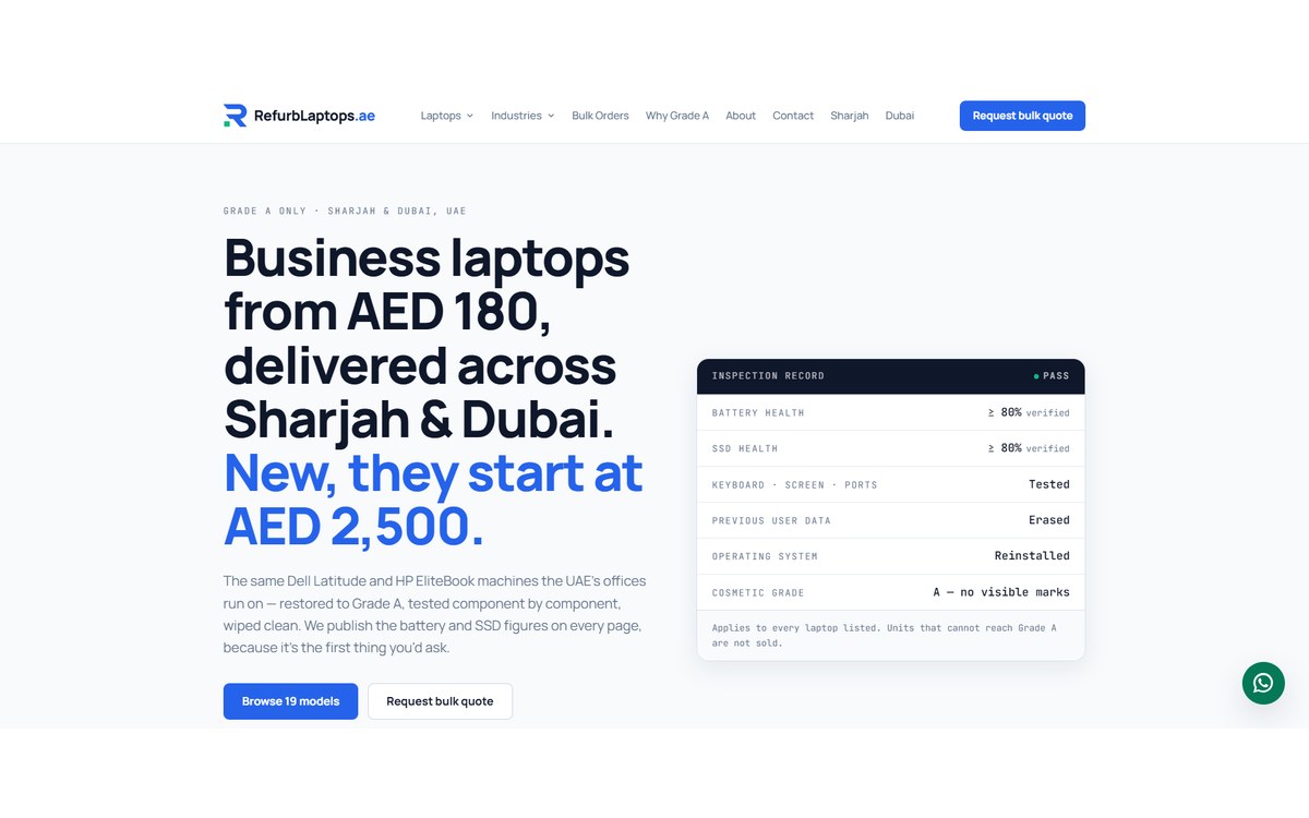 RefurbLaptops.ae — Grade A refurbished business laptop store built by The Web Makers